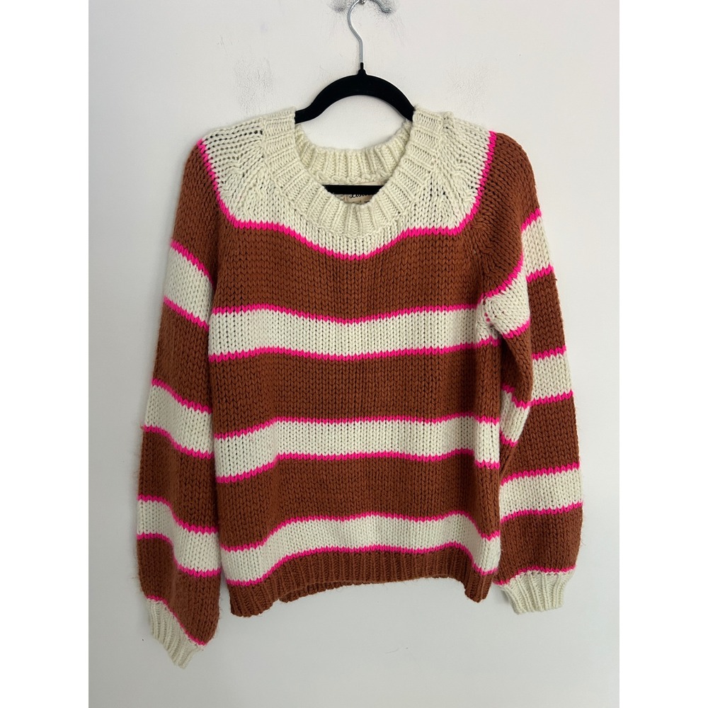 Listicle Women Brown Cream Neon Pink Striped Chunky Knit Crewneck Sweater Medium